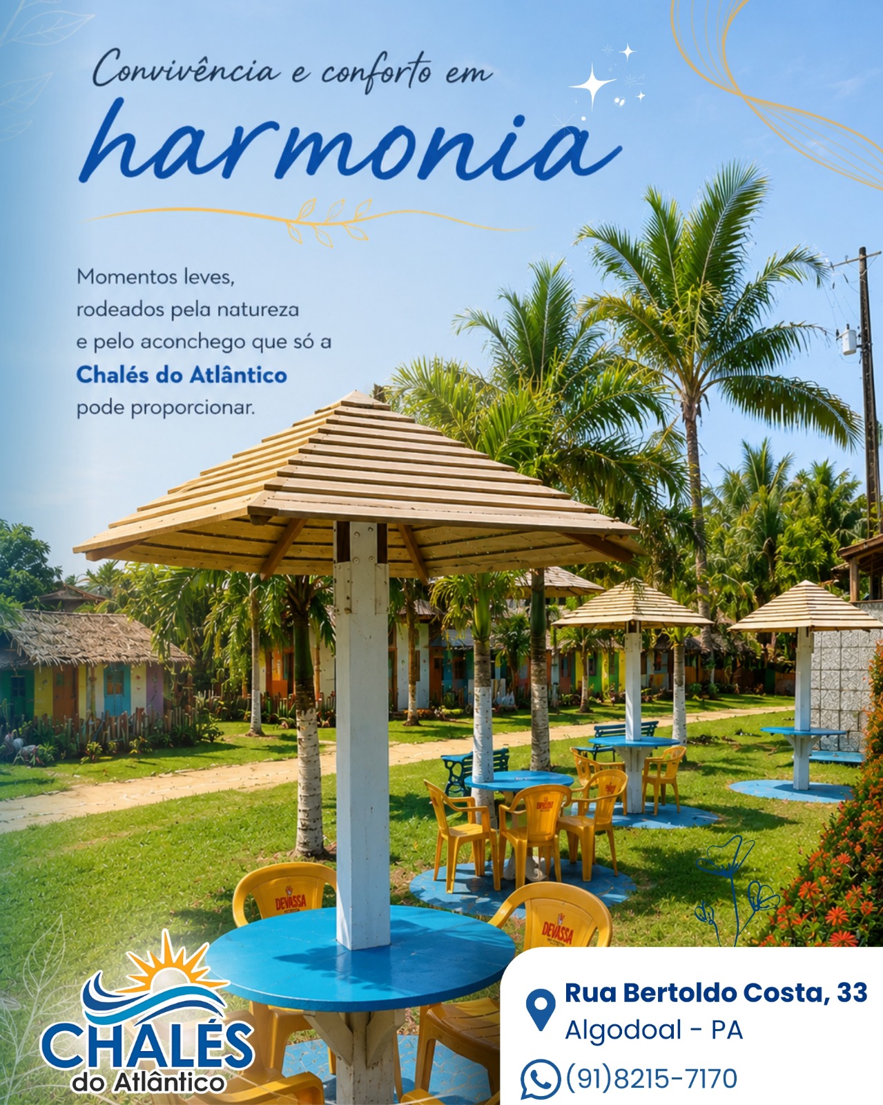 🌿✨ Convivência e conforto em perfeita harmonia.
Na *Pousada Chalés do Atlântico*, cada detalhe foi pensado para proporcionar momentos leves, especiais e inesquecíveis, cercados pela natureza e pelo aconchego que você merece. 🏡💙

Aqui, o descanso ganha um novo significado em um ambiente tranquilo, acolhedor e perfeito para aproveitar cada instante em Algodoal. 🌊☀️

📍 Rua Bertoldo Costa, 33 – Algodoal/PA
📲 Faça sua reserva: (91) 8215-7170

👉 Venha viver dias incríveis com quem você ama!

#PousadaChalesDoAtlantico #Algodoal #Conforto #Hospedagem #Natureza #Praia #Descanso #Viagem #Ferias #Paraiso