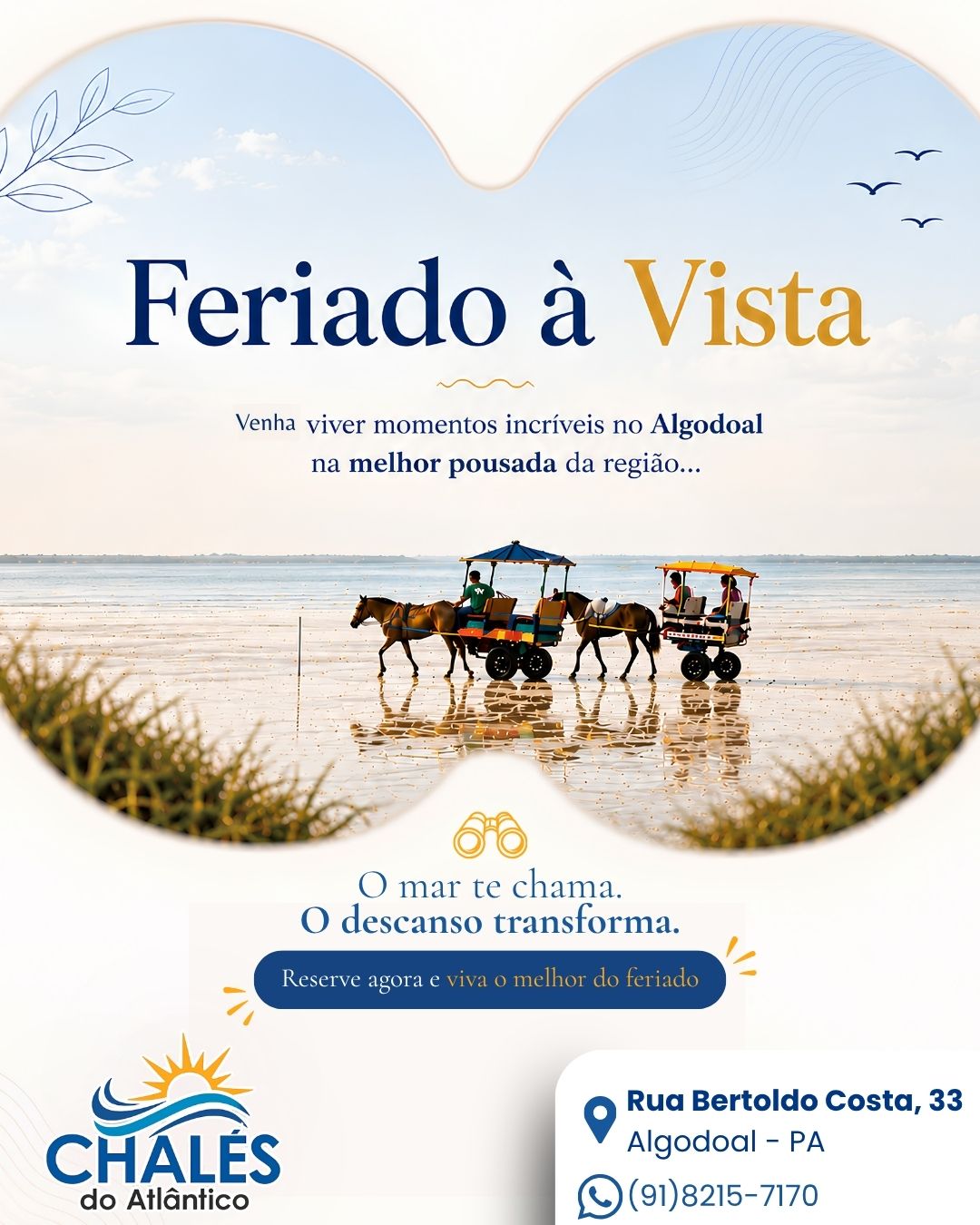 🌴✨ *FERIADO À VISTA!* ✨🌴

Venha viver momentos incríveis em *Algodoal* na melhor pousada da região! 🌊💙
Aqui, cada amanhecer traz paz, cada brisa renova as energias e cada detalhe convida você a relaxar.

🌴 O mar te chama.
☀️ O descanso transforma.
🏡 Viva dias inesquecíveis na Pousada Chalés do Atlântico.

📍 Rua Bertoldo Costa, 33 — Algodoal/PA
📲 Reserve agora: (91) 8215-7170

Garanta sua hospedagem e aproveite o feriado no paraíso! ✨🌊

#Algodoal #PousadaChalesDoAtlantico #FeriadoEmAlgodoal #PraiaParadisiaca #ViajeParaAlgodoal