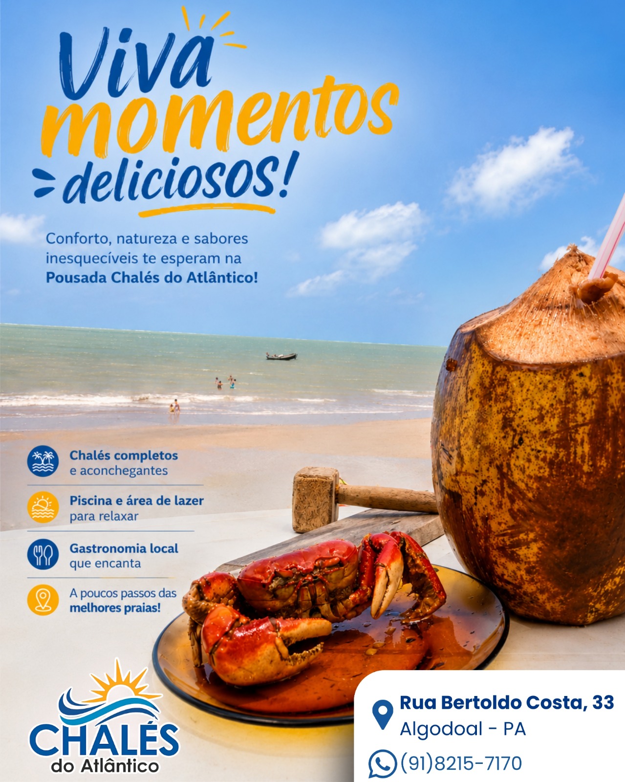 🌴✨ *VIVA MOMENTOS DELICIOSOS EM ALGODOAL!* ✨🌴

Na *Pousada Chalés do Atlântico*, cada detalhe foi pensado para tornar sua estadia ainda mais especial. 🌊💙

🏡 Chalés completos e aconchegantes para o seu descanso
🏊 Piscina e área de lazer para relaxar e aproveitar cada momento
🍽️ Gastronomia local que encanta em cada sabor
🌴 A poucos passos das melhores praias de Algodoal

Aqui, conforto, natureza e experiências inesquecíveis se encontram para criar lembranças que ficam para sempre.

📍 Rua Bertoldo Costa, 33 — Algodoal/PA
📲 Reserve agora: (91) 8215-7170

Venha viver dias incríveis em um verdadeiro paraíso à beira-mar! ✨🌊

#ChalesDoAtlantico #AlgodoalPA #HospedagemComConforto #PraiasDeAlgodoal #ReserveAgora
